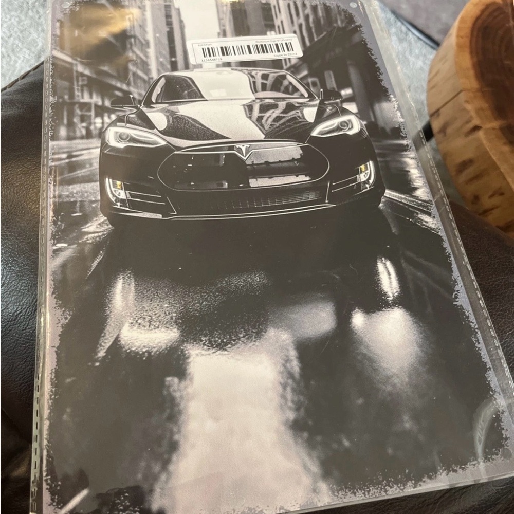 Black Tesla Metal Sign 12x8